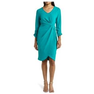NWT Tahari Women's Asymmetrical Ruched MIDI Turquoise V-Neck Dress
